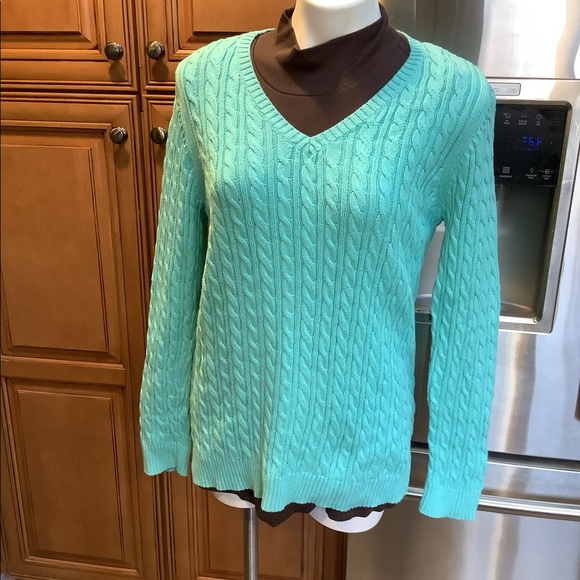 V NECK CABLE DESIGN AQUA SWEATER - Picture 3 of 4
